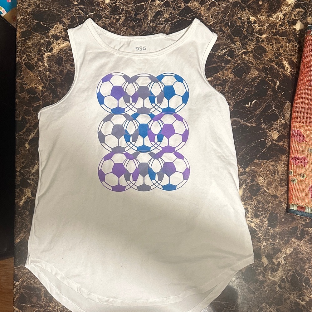 DSG White Tank Top with Blue and Purple Soccer Ball Design
